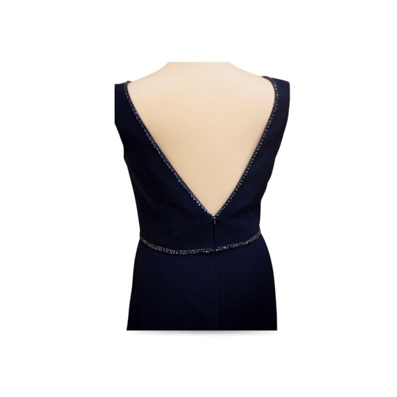 Long Crepe Navy Dress with Beaded Neckline & Waist Size 18 - Picture 10 of 11